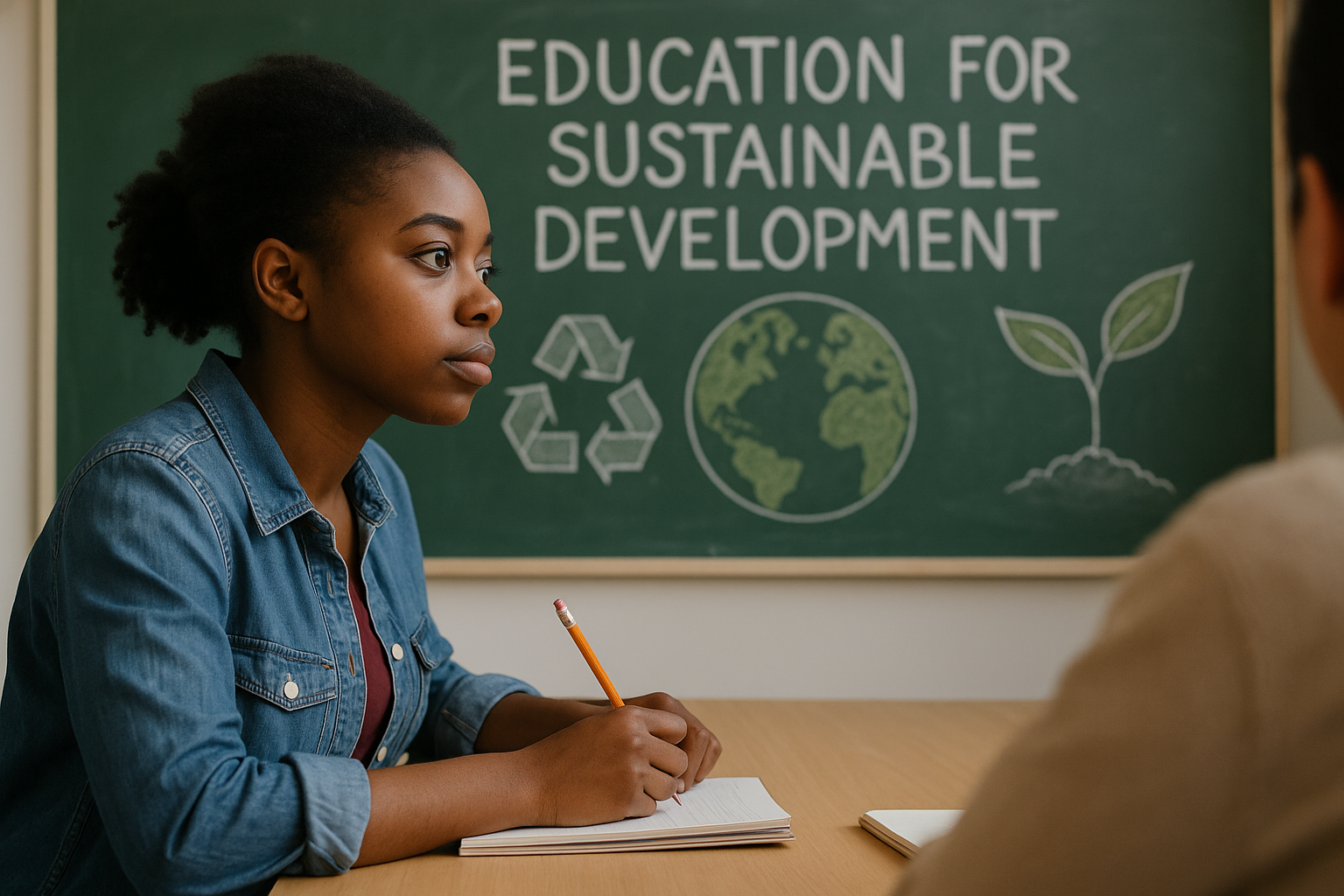 una joven estudiante prestando atención y un fondo con una pizzara que dice Educación para el Desarrollo Sostenible en inglés.